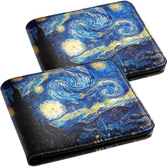 Cute Wallet for Teen Boys Great Wave Leather Bifold c-Blue Space